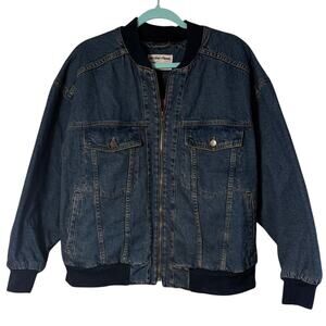 We The Free Denim Stadium Jacket Bomber Indigo Blue SZ S READ FLAW